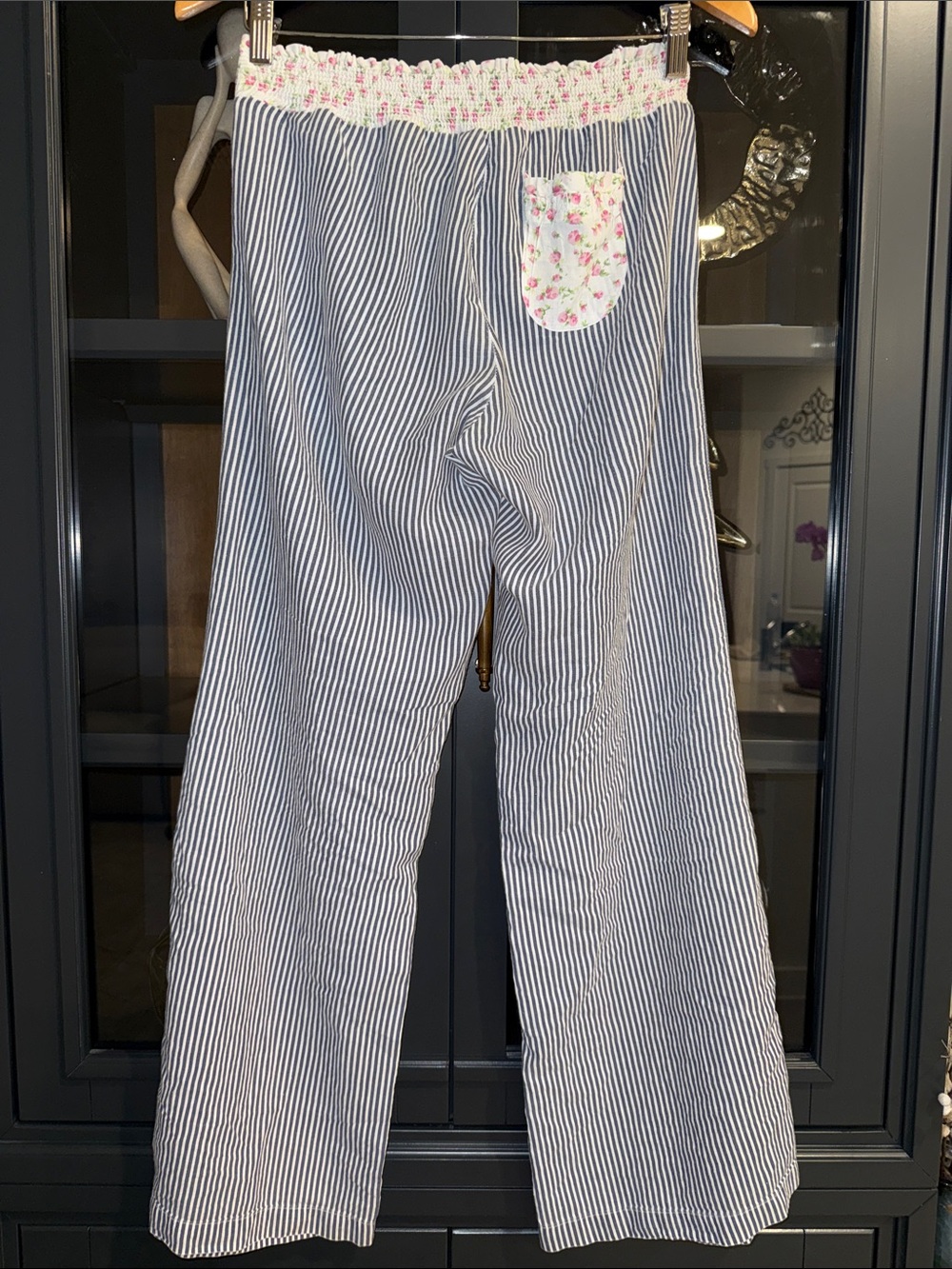 Eloise Women’s Navy Stripe Pajama Pants with Floral Trim